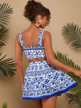 Blue Floral Sleeveless Vacation Two Set
